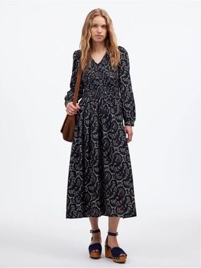 Madewell Navy Paisley Long-Sleeve V-Neck Maxi Dress